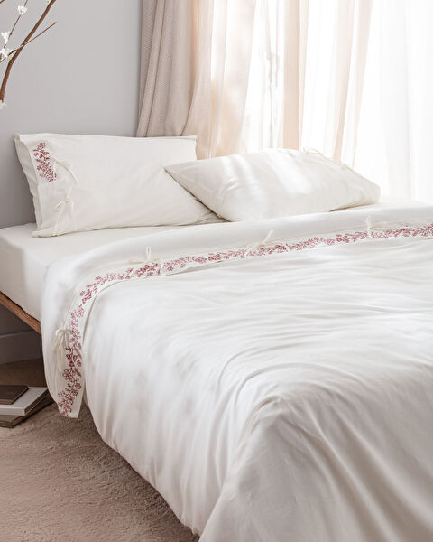 Ensemble de housse de couette nouée 100 % coton Relief King Size - Écru/Rouge - 2