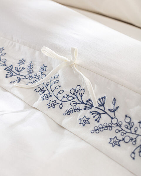 Parure de lit King Size 100 % coton avec housse de couette nouée - Écru/Bleu marine - 5