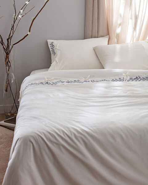 Parure de lit King Size 100 % coton avec housse de couette nouée - Écru/Bleu marine - 1