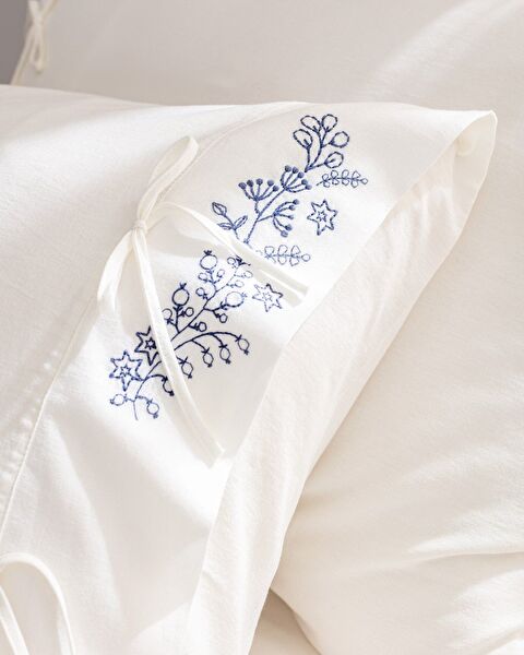 Parure de lit King Size 100 % coton avec housse de couette nouée - Écru/Bleu marine - 6