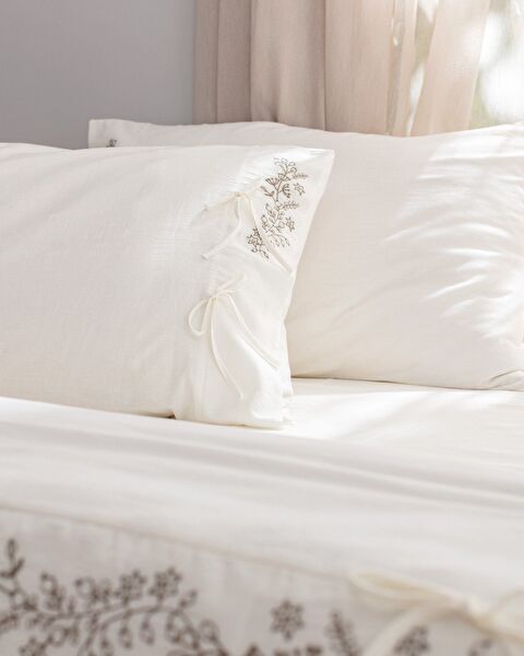 Parure de lit King Size 100 % coton avec housse de couette nouée - Écru/Kaki - 3