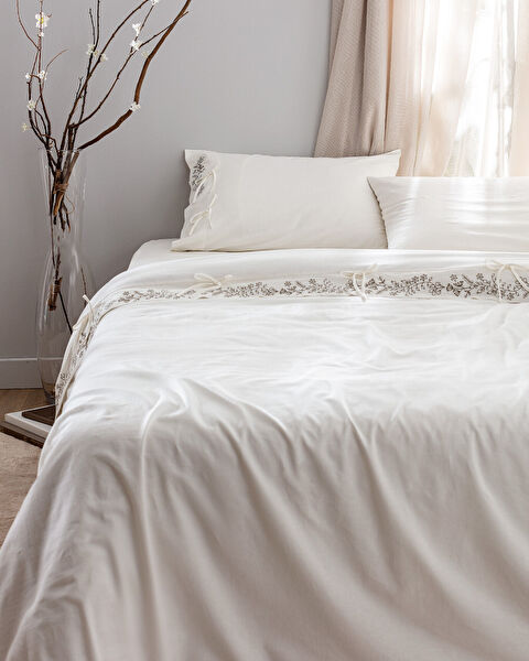 Parure de lit King Size 100 % coton avec housse de couette nouée - Écru/Kaki - 1