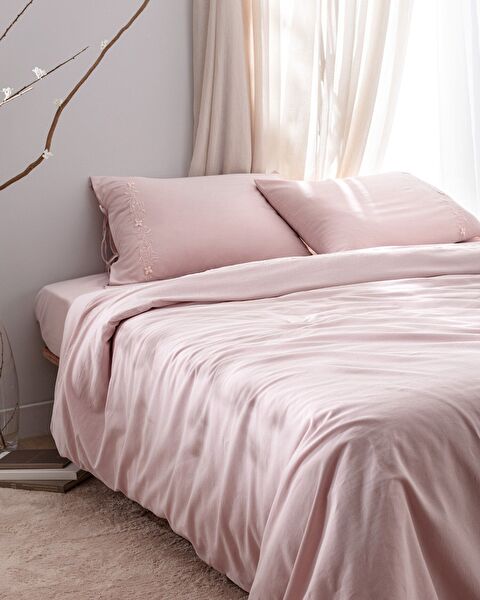 Ensemble de housse de couette brodée 100 % coton King Size Loris - Poudre - 2