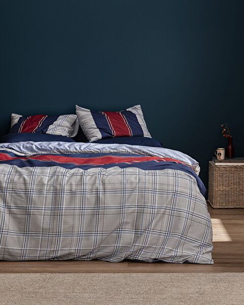 Vardan King Size 100% katoenen Ranforce bedrukte dekbedovertrekset - marineblauw/grijs - 0