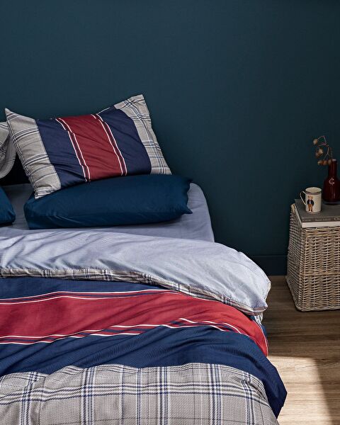 Vardan King Size 100% katoenen Ranforce bedrukte dekbedovertrekset - marineblauw/grijs - 1