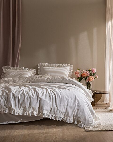 Obernai Kıng Sıze Ruffle Plaın Washed Duvet Cover Set - 0