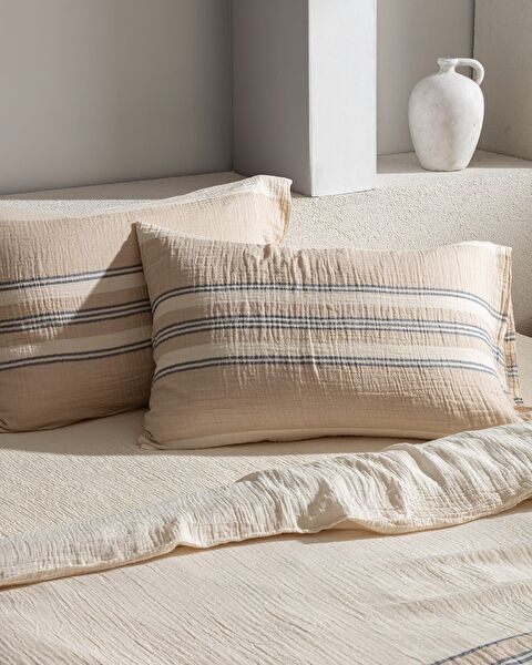 Sheryl Kıng Sıze Muslın Yarn Dyed Duvet Cover Set - Fıtted - 3