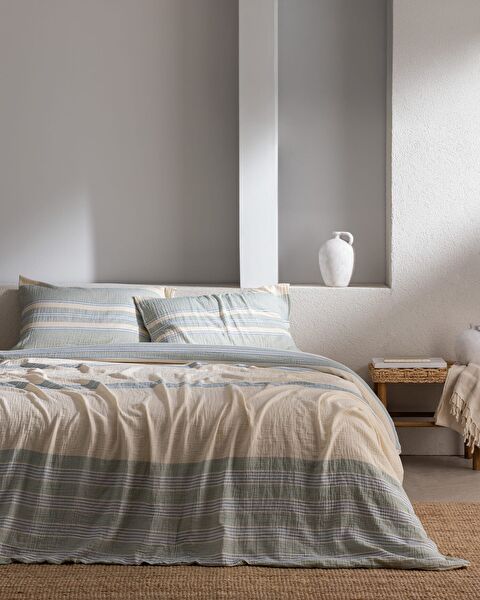 Sheryl Kıng Sıze Muslın Yarn Dyed Duvet Cover Set - Fıtted - 0