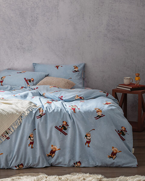 Fabienne Bear 100% katoenen flanellen dekbedovertrekset - blauw - 0