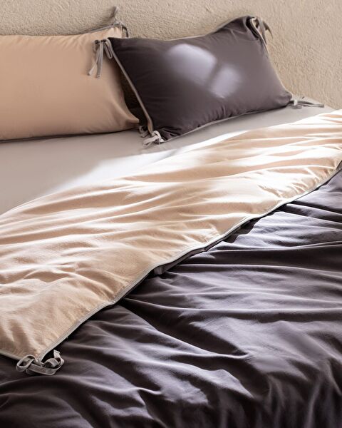 Aimon eenpersoons dekbedovertrekset van 100% gewassen katoen, antraciet/beige - 1