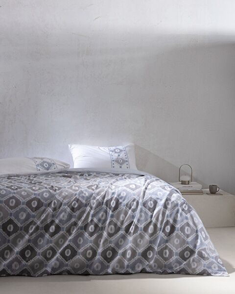 Avril Single 100% Cotton Ranforce Printed Duvet Cover Set - Grey/Blue - 0