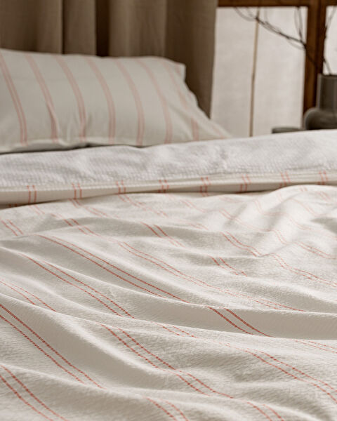 Linda gestreept eenpersoons dekbedovertrekset van 100% gewassen seersucker katoen - wit/koraal - 4