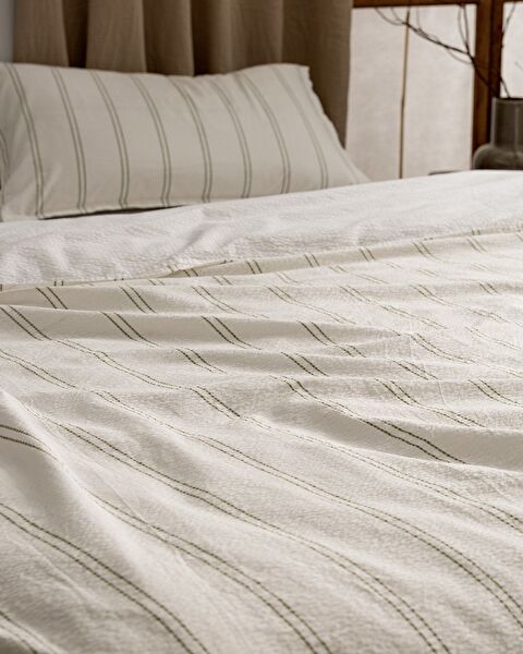 Linda gestreepte eenpersoons dekbedovertrekset van 100% gewassen katoen, seersucker - wit/kaki - 4