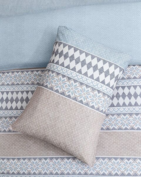 Ensemble de housse de couette imprimé Ranforce 100 % coton simple Benoit - Beige/Bleu - 4