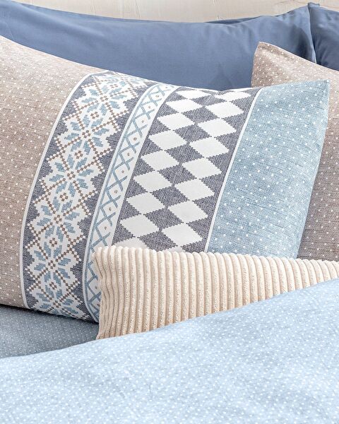 Ensemble de housse de couette imprimé Ranforce 100 % coton simple Benoit - Beige/Bleu - 2