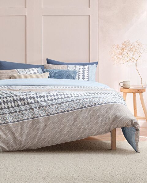 Ensemble de housse de couette imprimé Ranforce 100 % coton simple Benoit - Beige/Bleu - 0