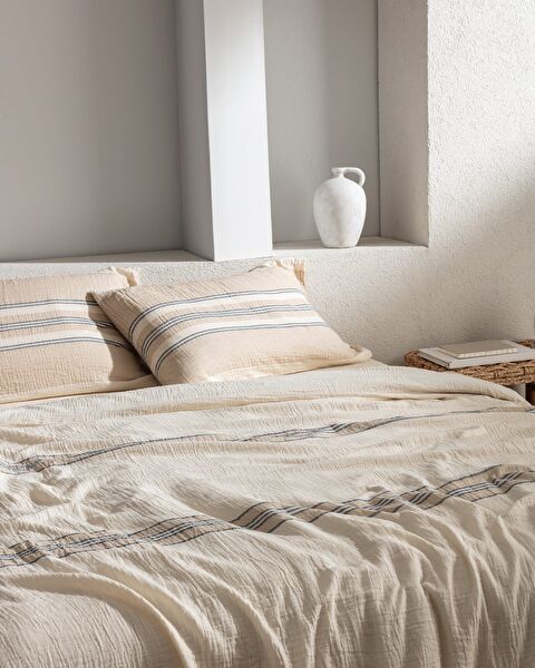 Sheryl Sıngle Sıze Muslın Yarn Dyed Duvet Cover Set - Fıtted - 1