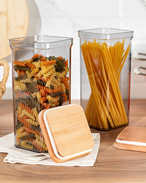 Kaviera Lot de 2 récipients de conservation 1500 ml avec couvercle en bois - 1