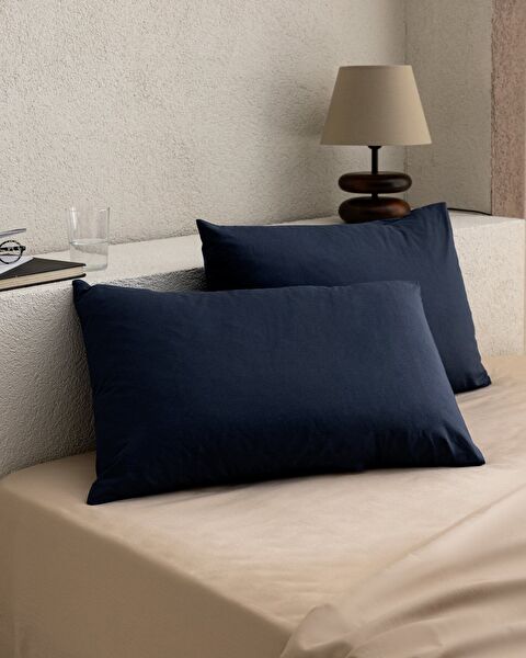 Manon 100% Cotton Ranforce Plain 2-Piece Pillow Case Set - Navy Blue - 0