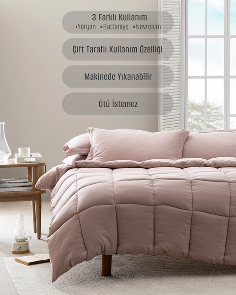 Mona Çift Kişilik Comforter Set - Pudra - 1