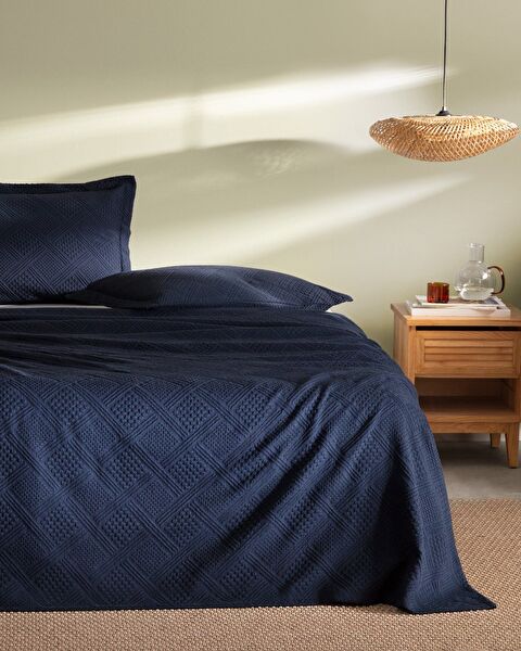 Triangle King Size %100 Pamuk Yatak Örtüsü - Lacivert - Lüks Koleksiyon - 0