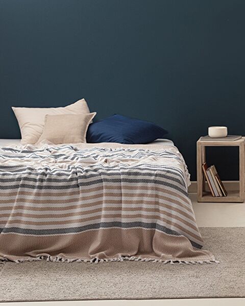 Couvre-lit simple Sheryl - Beige/Bleu marine - 0