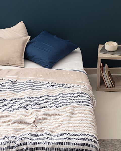 Couvre-lit simple Sheryl - Beige/Bleu marine - 1