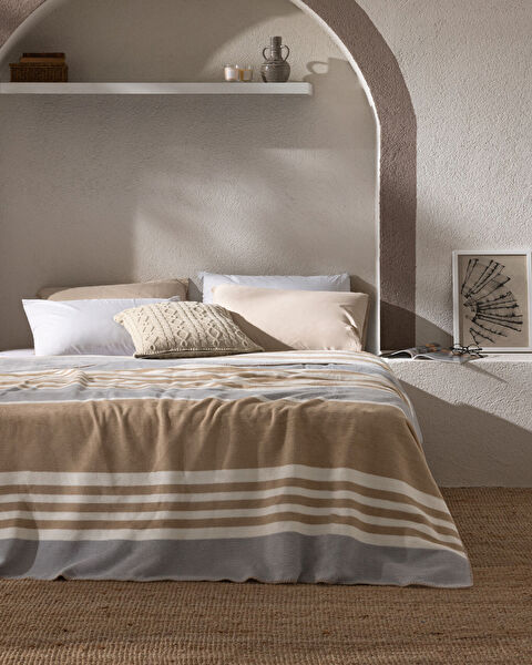Foix Double Cotton Jacquard Blanket - Beige/Grey - 0