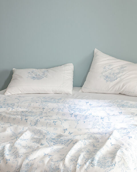 Arlette Single 100% Cotton Carded Printed Coverlet Set - Blue White - 1